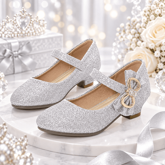 Silver Glitter Mary Jane Dress Shoes for Girls with Rhinestone Bow Size 13, Little Kids Low Block Heel Princess Party Shoes