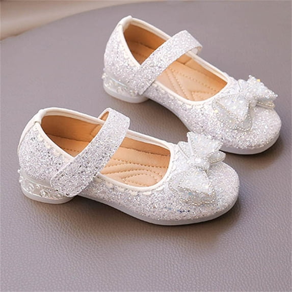 Silver Glitter Mary Jane Dress Shoes for Girls with Rhinestone Bow Size 13, Little Kids Low Block Heel Princess Party Shoes