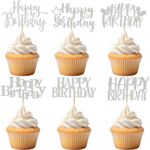 Silver Glitter Multi Font Happy Birthday Cupcake Toppers 12Pcs Birthday Party Universal Cupcake Topper Picks