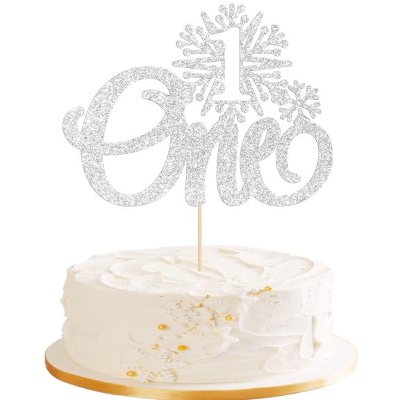 Silver Glitter One Snowflake 1st Birthday Cake Topper, Single Piece Winter Snowflake Cursive Design Premium One Year Old Birthday Cake Decorations for Baby Party Favors