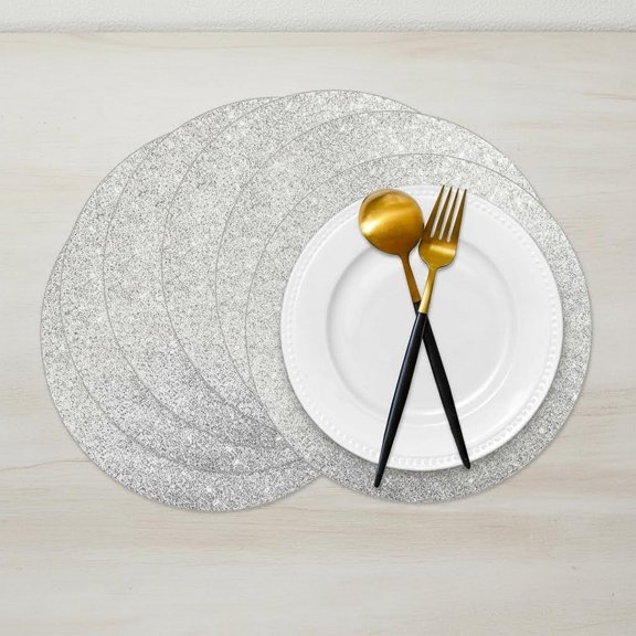 Silver Glitter Paper Place Mats Sparkle Round Disposable Table Mats Silver Sequin Doilies Decorative Placemats for Wedding Banquet Party Home Dining Tableware