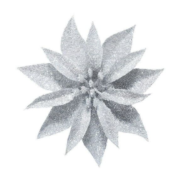 Silver Glitter Poinsettia Artificial Flowers 4 Inch Christmas Tree Ornaments with Clip Attachment for Wreaths Garland Decor Winter Wedding Holiday Party Xmas Floral Display and Centerpieces