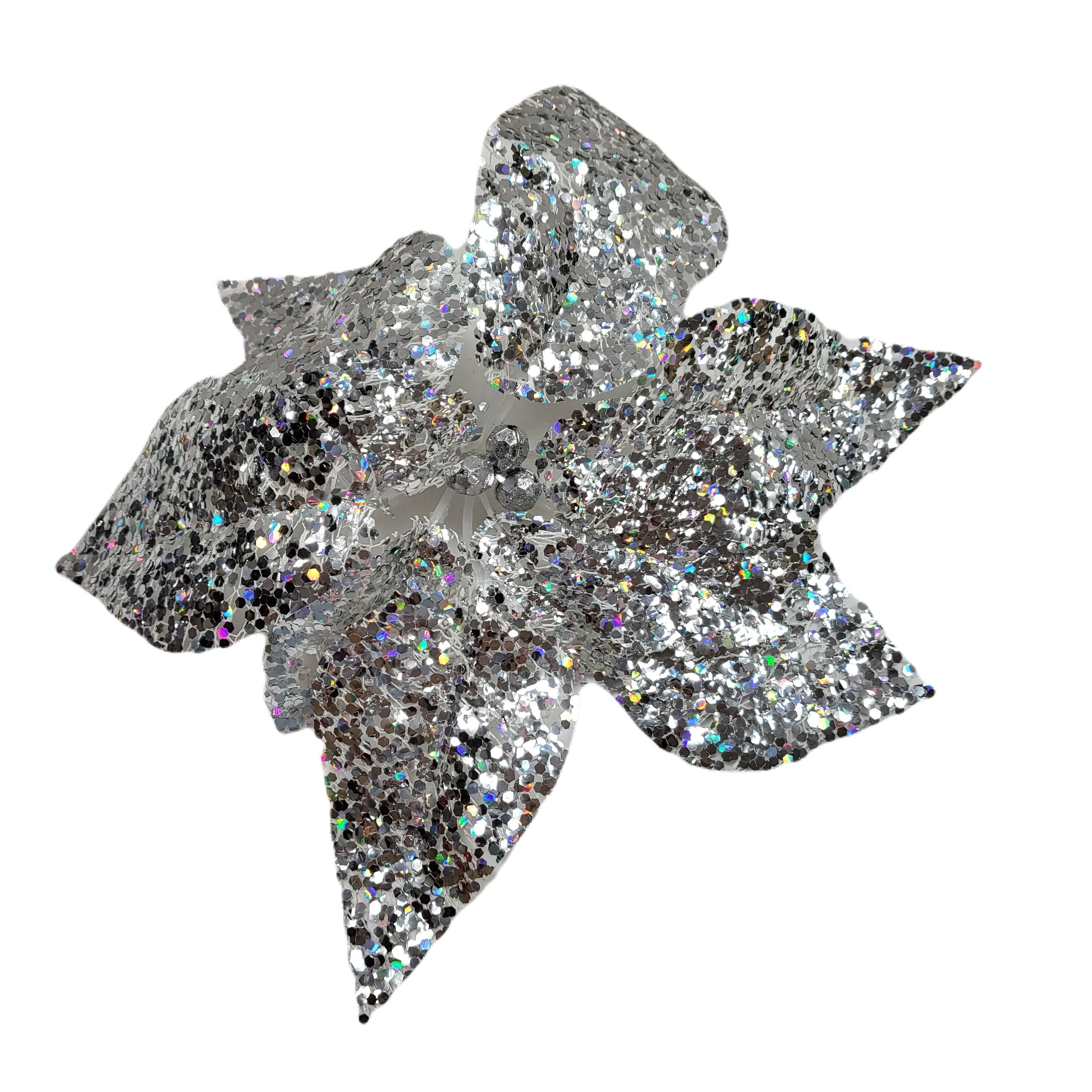 Silver Glitter Poinsettia Christmas Clip Ornament, Polyester, 11 in, by Holiday Time