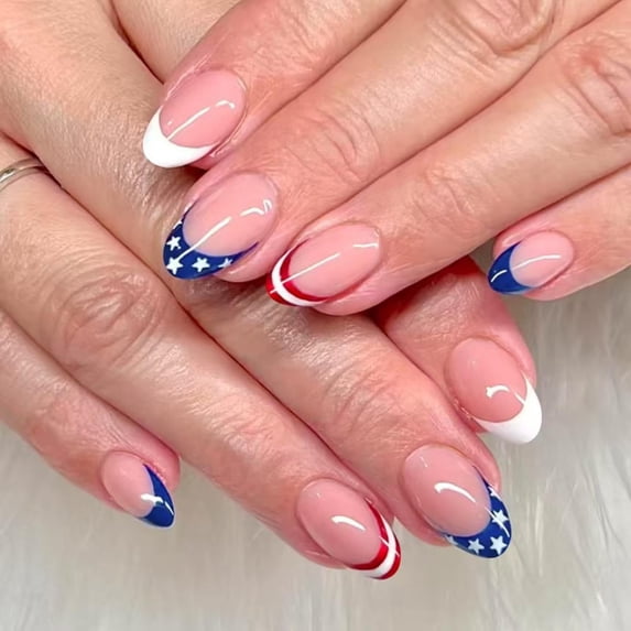 Silver Glitter Press on Nails French Tip Fake Nails Medium Almond False Nail with Rhinestone Design Nude Glossy Artificial Acrylic Full Cover Diamond Glue on Nail for Women Christmas Manicure 24Pcs