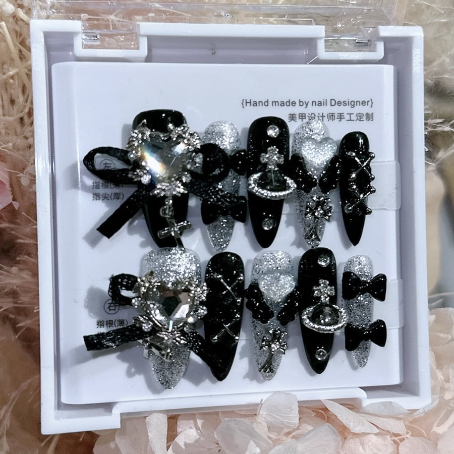 Silver Glitter Press on Nails Medium Square Fake Nails with Rhinestones Design Glossy Pink White Artificial False Nails for Women Girls DIY Manicure Decoration Reusable Stick on Nails Glue on Nails