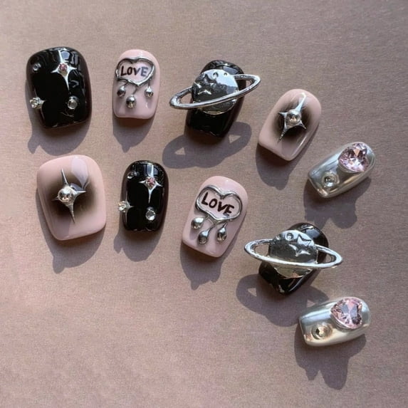 Silver Glitter Press on Nails Medium Square Fake Nails with Rhinestones Design Glossy Pink White Artificial False Nails for Women Girls DIY Manicure Decoration Reusable Stick on Nails Glue on Nails