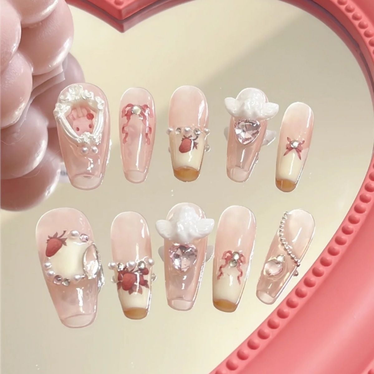 Silver Glitter Press on Nails Medium Square Fake Nails with Rhinestones Design Glossy Pink White Artificial False Nails for Women Girls DIY Manicure Decoration Reusable Stick on Nails Glue on Nails