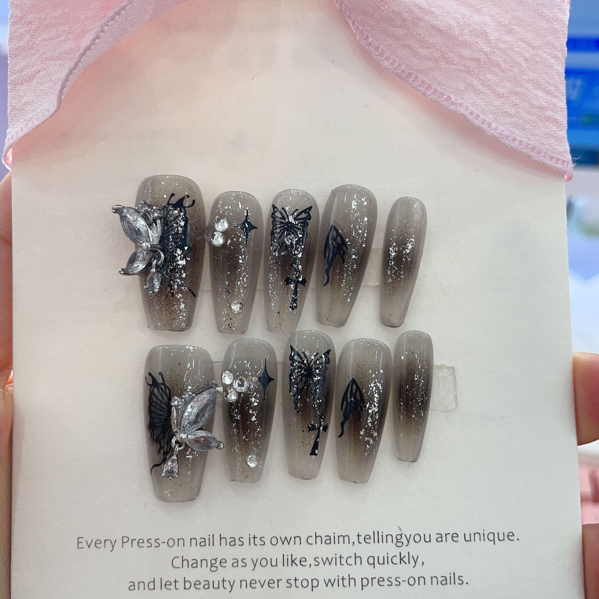 Silver Glitter Press on Nails Medium Square Fake Nails with Rhinestones Design Glossy Pink White Artificial False Nails for Women Girls DIY Manicure Decoration Reusable Stick on Nails Glue on Nails