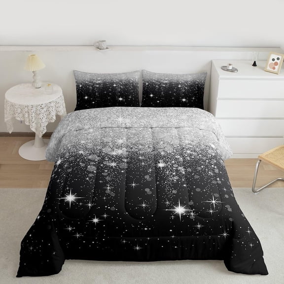 Silver Glitter Print (No Glitter) Comforter Bling Party Decorations Bedding Set Diamond Black Comforter Set for Girls BedDuvet Set Quilt Set King Size