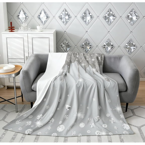 Silver Glitter Print (No Glitter) Plush Throw Blanket, Bling Party Decorations Grey Flannel Fleece Blanket for Diamond and Jewelry All Season,Bed Blanket Throw 50"x60"