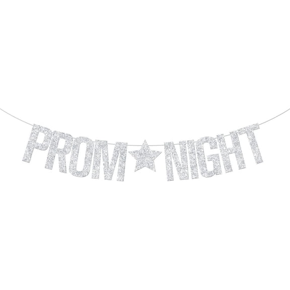 Silver Glitter Prom Night Banner with Star Cutouts, High School Prom Night Party Photo Booth Decor