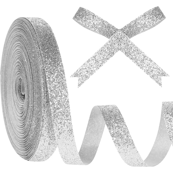 Silver Glitter Ribbon for Gift Wrapping, 3/8 Inch x 25 Yards | Polyester, Versatile Occasion, Modern Style, Solid Pattern, Wire-Free Cut Edge, Decorative Ribbon Trim