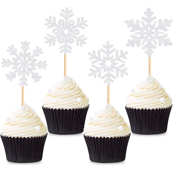 Silver Glitter Snowflake Cupcake Toppers, 12PCS Picks for Christmas, Frozen Party & Winter Wonderland Dessert Decor