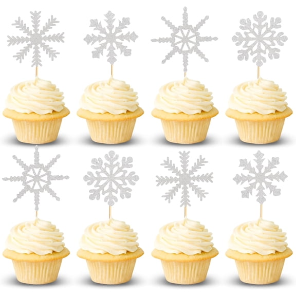 Silver Glitter Snowflake Cupcake Toppers, 8 Pack, Winter Wonderland Theme, for Christmas, Birthday, Baby Shower Party Decorations