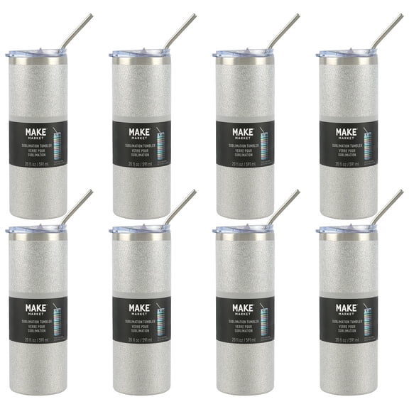 Silver Glitter Stainless Steel Sublimation Tumbler by Make Market â€“ 20oz Vacuum Insulated Drinkware with Lid & Straw - BPA Free - Customizable for Heat Transfer - Hand Wash Only - 8 Pack