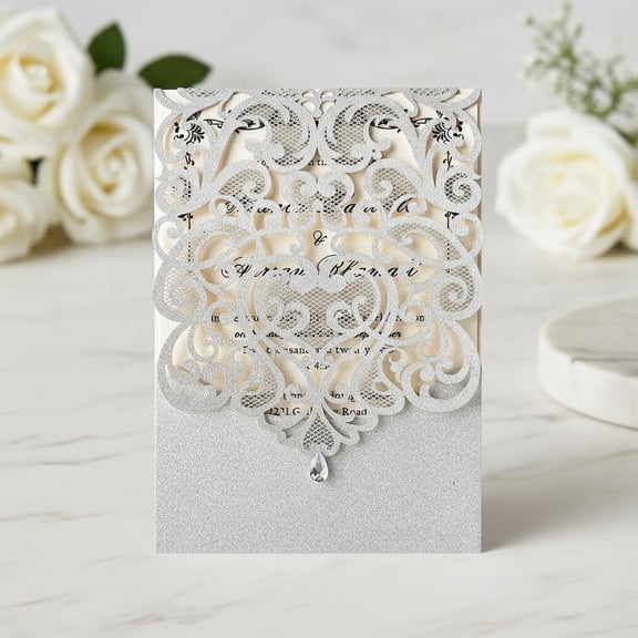 Silver Glitter Wedding Invitation Cards with Rhinestone Laser Cut Hollow Flora Quinceanera Invitation with Envelopes for Bridal Shower Wedding Invite (Silver Glitter)