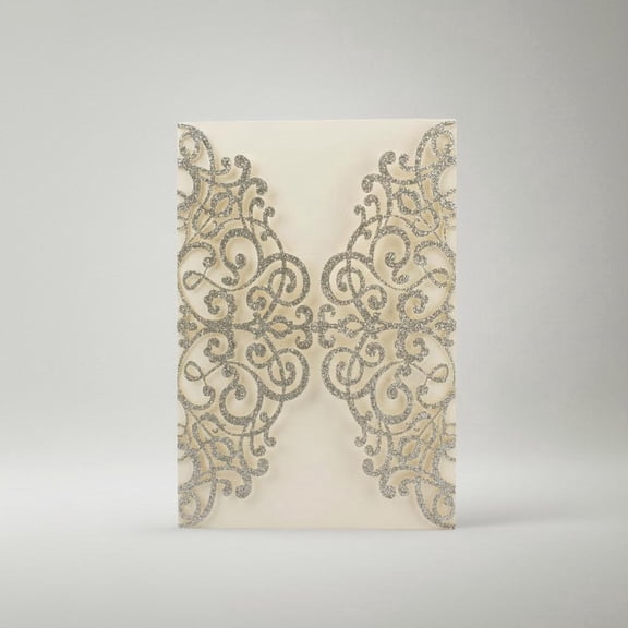 Silver Glitter Wedding Invitations Cards Laser Cut Pocket Covers, no envelope, no insert