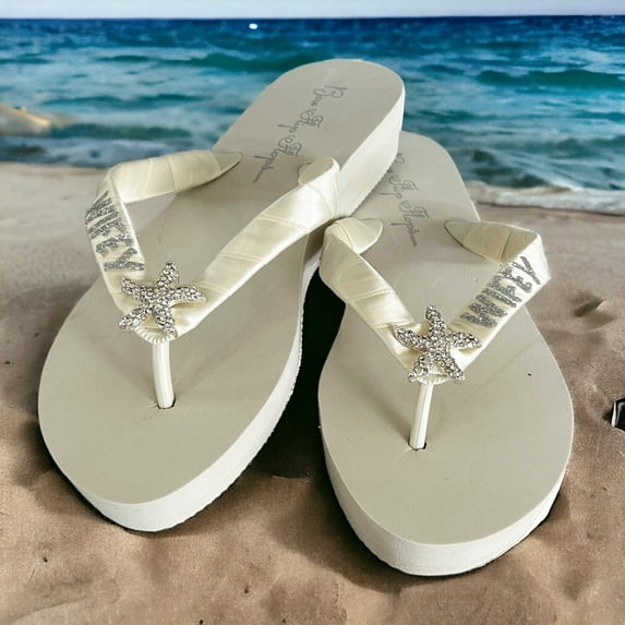 Silver Glitter Wifey Flip Flops on Ivory Shoe with Rhinestone Starfish for Bridal Sandals