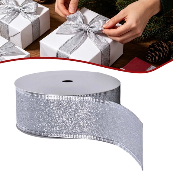 Silver Glitter Wired Ribbon,Silver with Metallic Edge,Christmas Ribbon for Wreath, ChritmasTree Decoration, Gift Wrapping,Home Decor, 1.5 Inch x 10 Yards