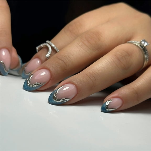 Silver Glittering French False Nails Press Nails Removable For Bridal Party Daily Fashion Accessories