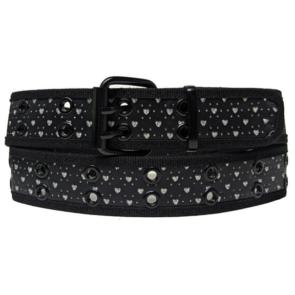 Silver Glitters Hearts 2 Holes Row Metal Grommet Stitched Black Leather Web Belt