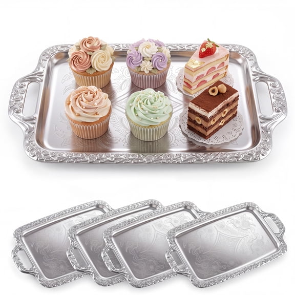 Silver Glossy Serving Trays Set of 4, 16.7 x 10.1 Inch Food-Safe Rectangular Platters with Double Ear Handles, Dishwasher-Safe Metal Trays with Rolled Edges for Buffet Party Hosting