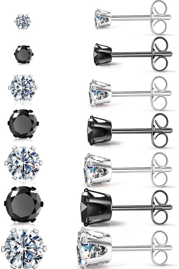 Silver Gold Black Stud Earrings Set 7Pairs Hypoallergenic Cubic Zirconia Titanium Stainless Steel Silver Rose Gold Black Cz Cartilage Stud Earrings Jewelry Sets For Women Men, 2-8Mm Cz Stud [Z1354]