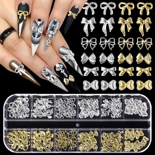 Silver Gold Bow Nail Charms, Small Nails Bows Alloy 12 Styles Bowknot Nail Art Studs Bow Tie Charms for Nails DIY Y2K Decor