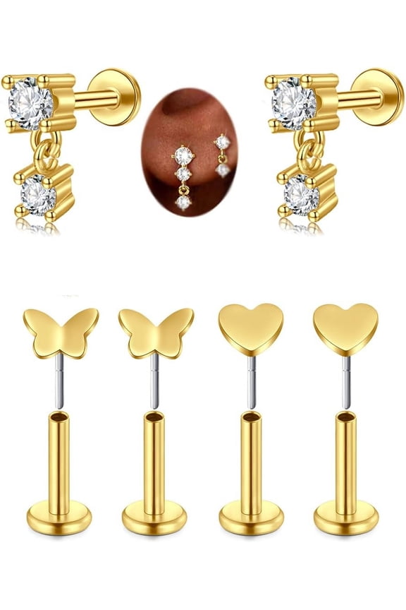 Silver Gold Cartilage Earring for Women Hypoallergenic Earrings Threadless Helix Tragus Conch Earring Studs 6mm 8mm Flat Back Cartilage Jewelry 20 gauge Flatback Second Hole Earrings for Women[t342]