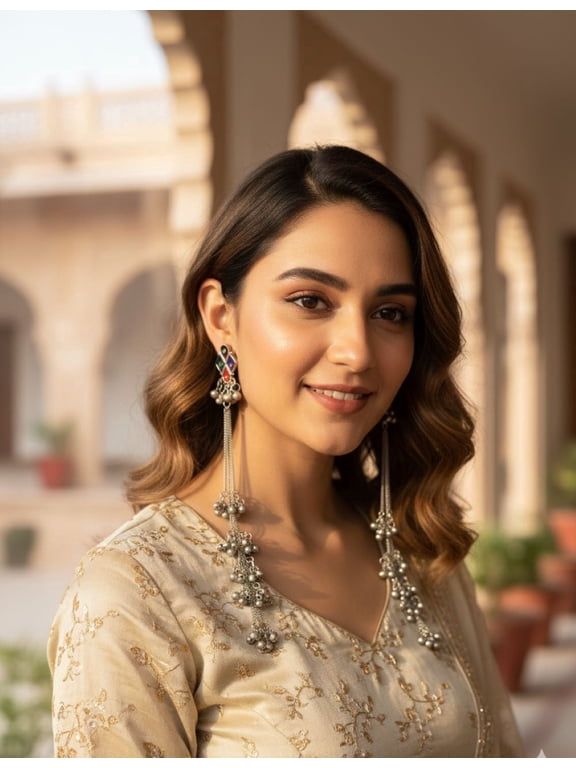 Silver Gold Indian Kashmiri Earrings for Women Trendy Silver Oxidized Long Lighweight Boho Statement Dangle Jhumka Earrings Jewelry Valentines Gift