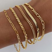Silver/Gold Plated Bracelets for Women, Dainty Herringbone Figaro Rope Paperclip Chain Set, Trendy Stackable Layered Fashion Jewelry Gifts