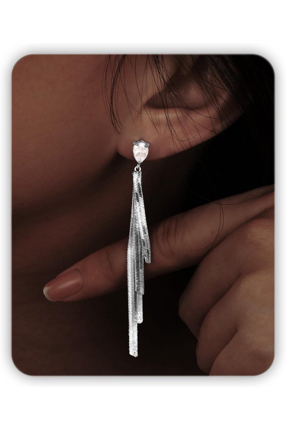Silver Gold Prom Earrings for Women, Bow Dangle Long Earring Rhinestone Ribbon Chain, Style E1723
