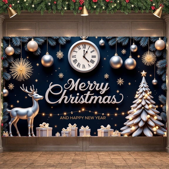 Silver Gold Theme Merry Christmas Banner Reindeer Design Happy New Year Backdrop Snowflake Pattern Gift Box Ornament Xmas Background for Christmas Party New Year Celebration Holiday Gathering