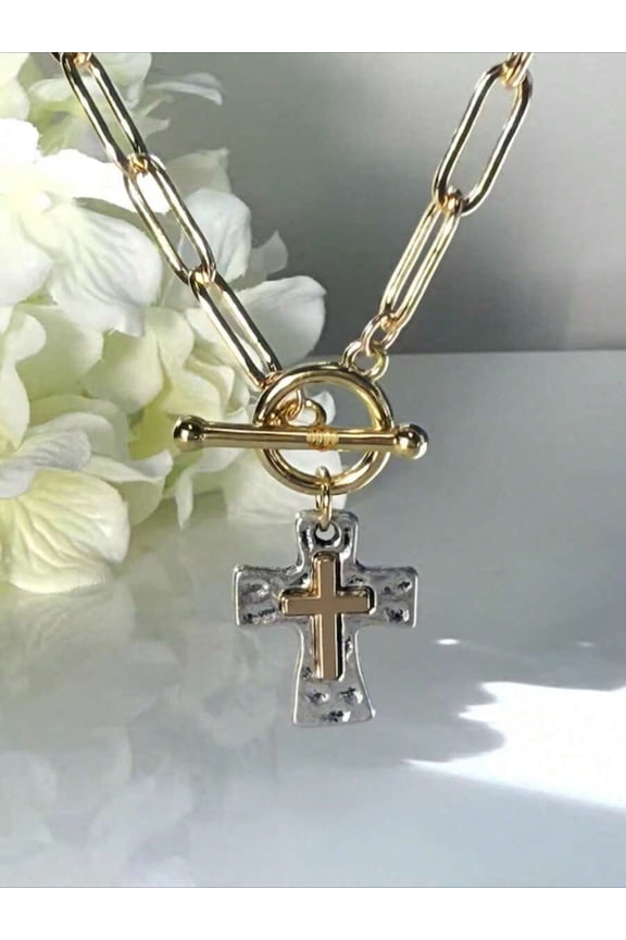 Silver & Gold Tone Chunky Cross Pendant Necklace With Toggle Clasp