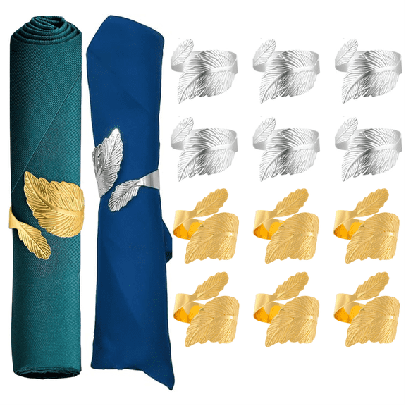 Silver/Golden Leaf Napkin Rings Set of 12, Leaves Napkin Rings for Table Setting, Metal Leaf Napkin Holder Rings for Holiday Party, Wedding, Banquet, Formal or Casual Dinning Table Decor
