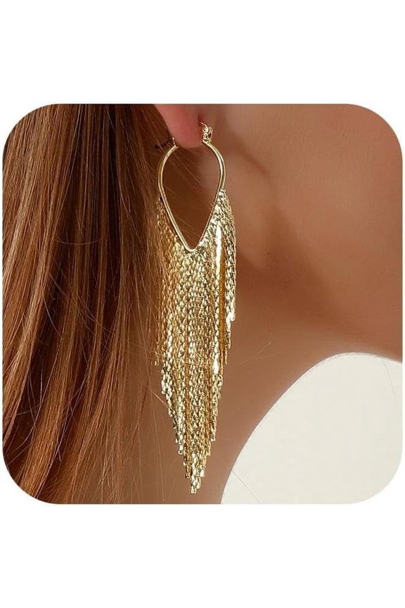 Silver Golden Tassel Earrings Dangling for Women Long Golden Formal Fringe Dangle Earrings Statement Chain Chandelier Trendy Jewelry for Party Prom[u068]