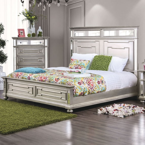 Silver Gorgeous 1pc California King Size Bed Mirror Panel Accents Bedroom Furniture Bun Feet Elegant Bedroom Furniture Wooden
