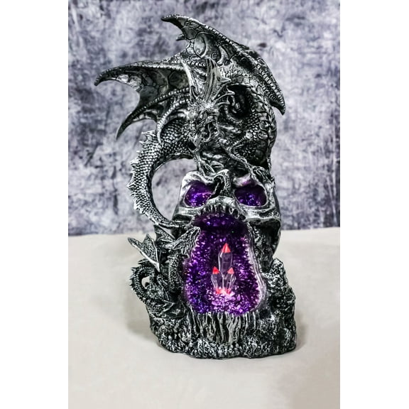 Silver Gothic Dragon On Oversized Skull with Faux Geode Crystal LED Figurine