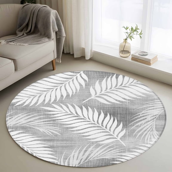 Silver Gray 3FT Round Area Rugs Slate Gray Leaf Plant Canvas Weave Texture Soft Small Round Rug Non-Slip, Ultra-Thin Indoor Circle Carpet for Bedroom Entryway Kitchen Bathroom