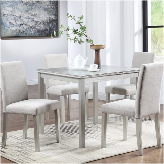 Silver Gray 5-Piece Dining Set with Square Table & Upholstered Chairs, Crystal Accent Table and Chair Set for Kitchen and Dining Room