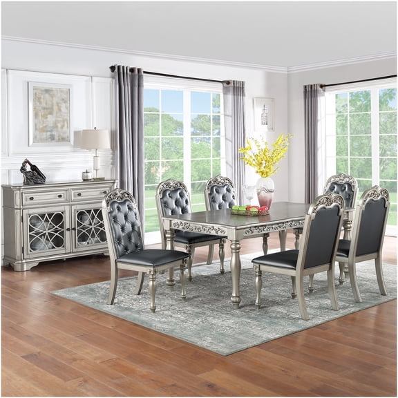 Silver Gray 7-Piece Formal Dining Set with Tufted Chairs, Rubberwood Table for 6