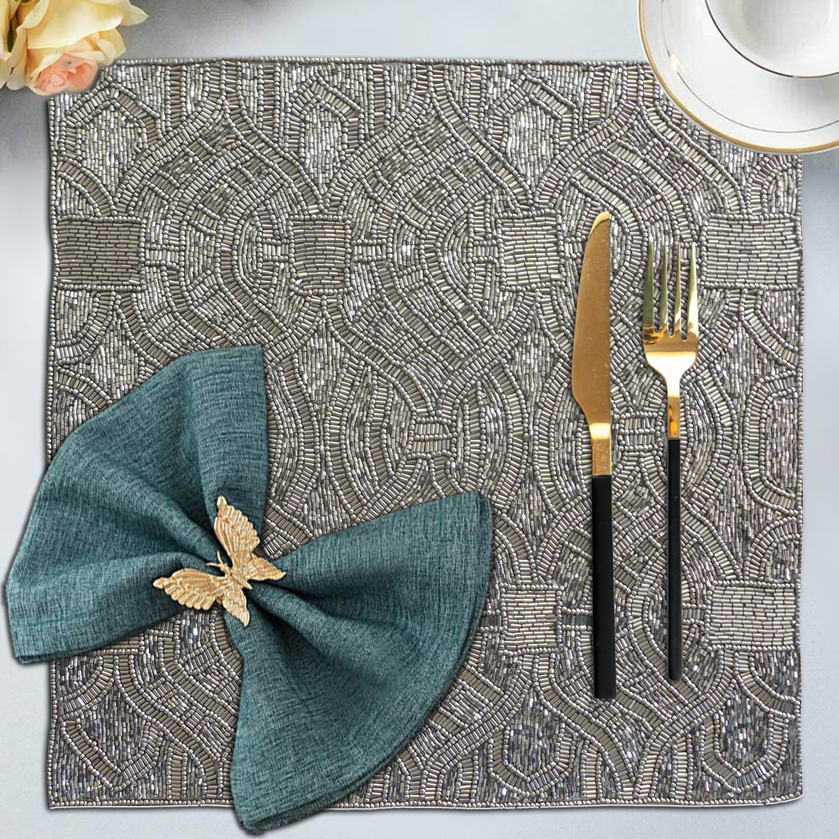 Silver Gray Beaded Placemats Set of 2 for Dining Coffee Table Scratch