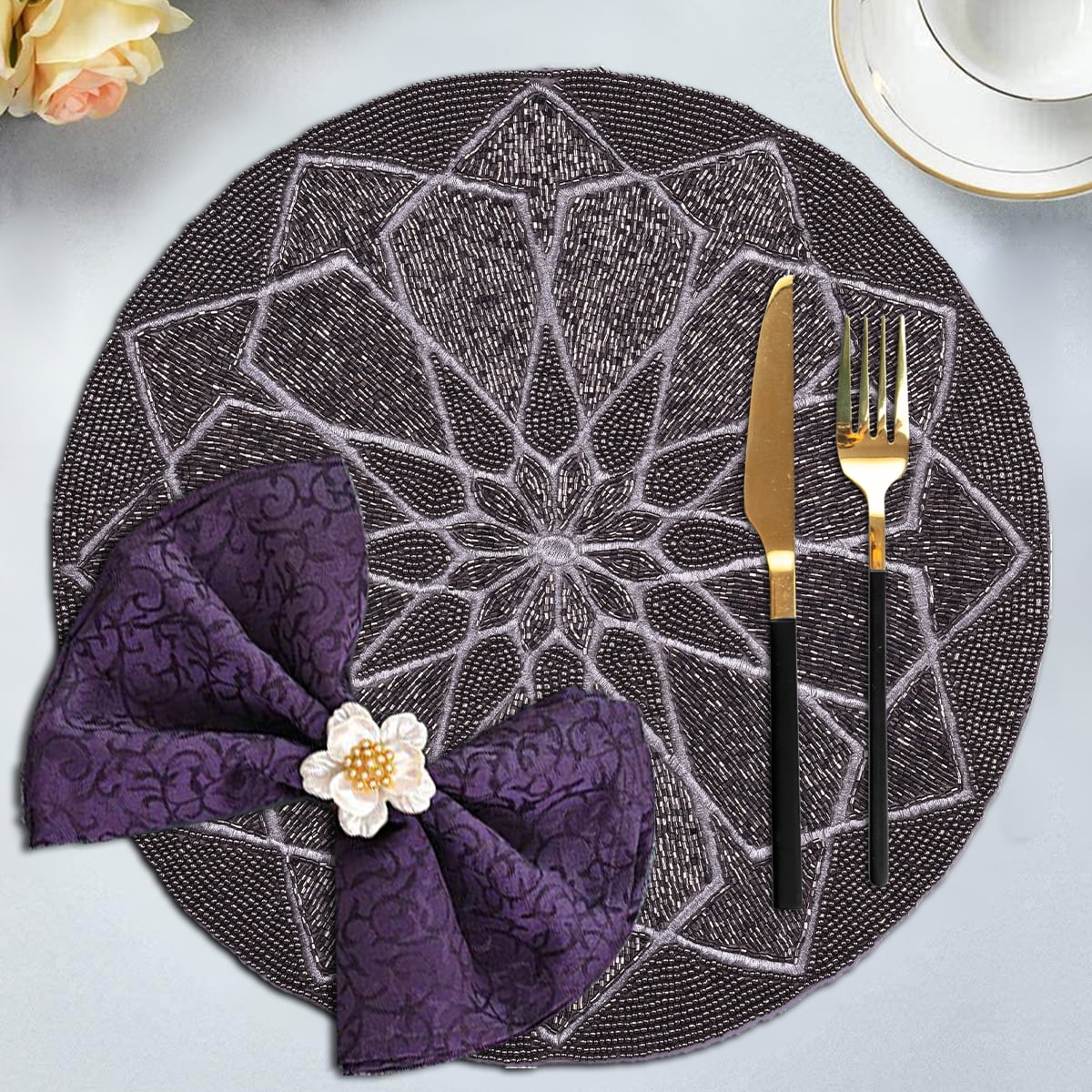 Silver Gray Beaded Placemats Set of 2 for Dining Coffee Table Scratch