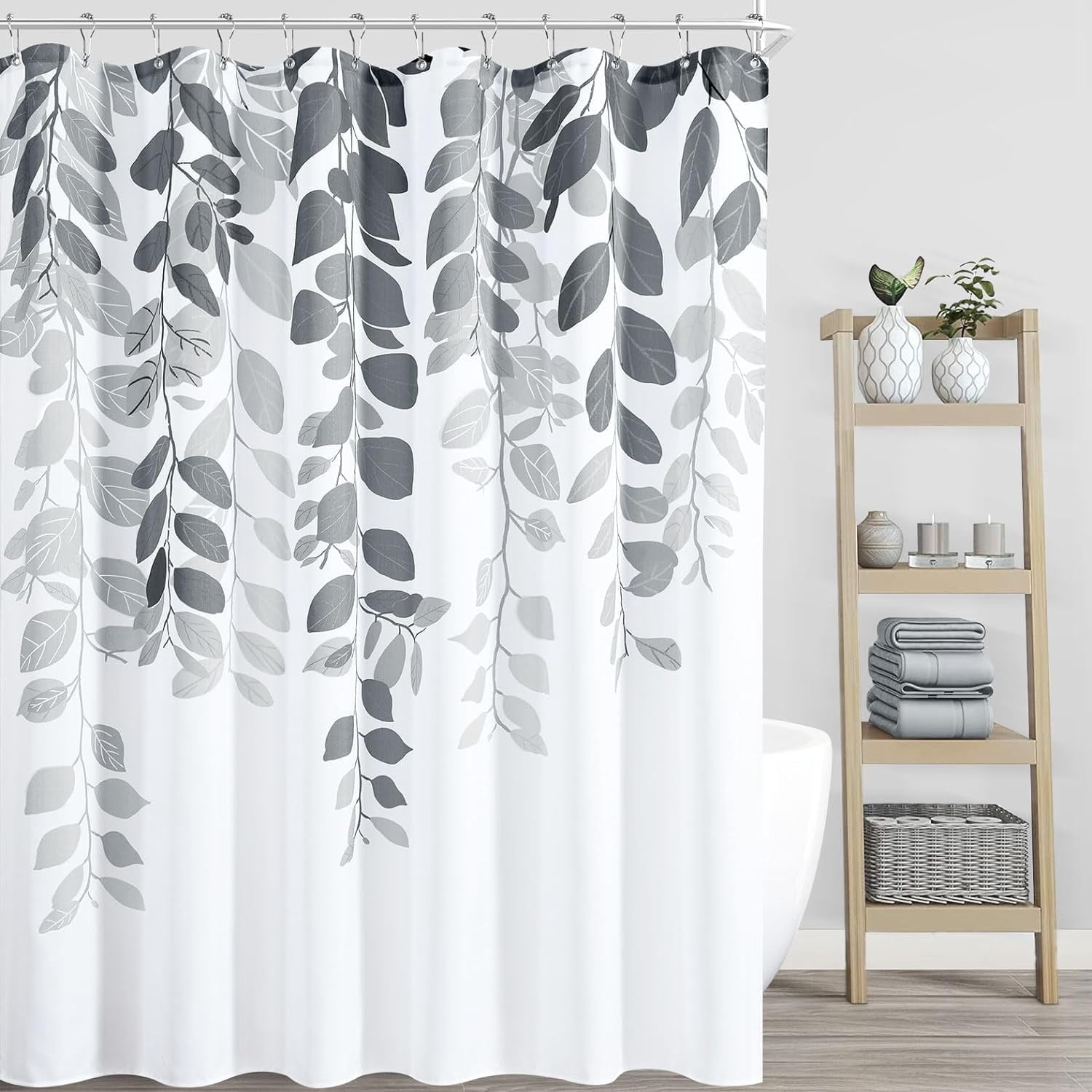 Silver Gray Botanical Shower Curtain for Bathroom Modern Eucalyptus Shower Curtains Floral Watercolor Natural Bath Curtain Set Light Gray Leaves Spring Garden Plants Bathroom Decor 72x72