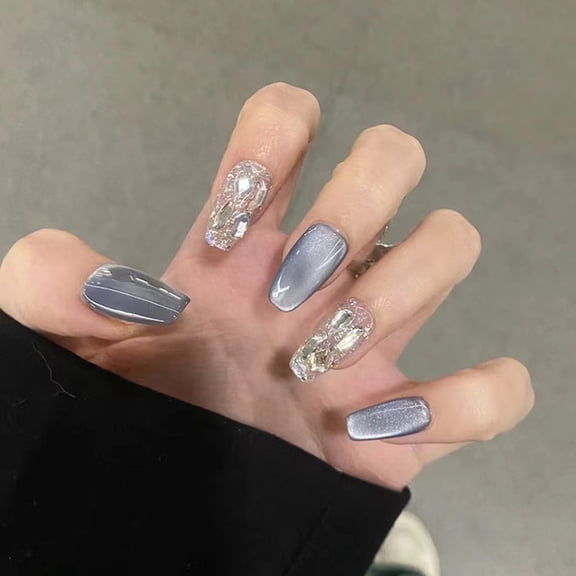 Silver Gray Cat Eye Press on Nails Medium Coffin Fake Nails Rhinestone Accent Metallic Shimmer Full Cover Adhesive Press Ons Glam Acrylic False Nails Nail Tips for Party Salon Look 24 Pcs