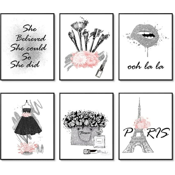 Silver Gray Fashion Wall Art Girl Room Decor Makeup Room Artwork Prints Set of 6 Paris Perfume Flower Lipstick Canvas Art Posters Wall Decor for Bedroom 8x10 Inches Unframed