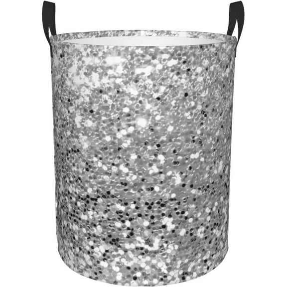 Silver Gray Grey White Faux Glitter Sequin Laundry Basket Waterproof Collapsible Round Laundry Hamper Toys Clothes Organizer Gift Basket For Room Medium