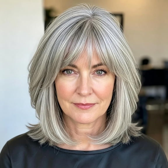 Silver Gray Layered Bob Synthetic Wig with Bangs, 14 Inch Natural Straight Heat Resistant Wig for Women