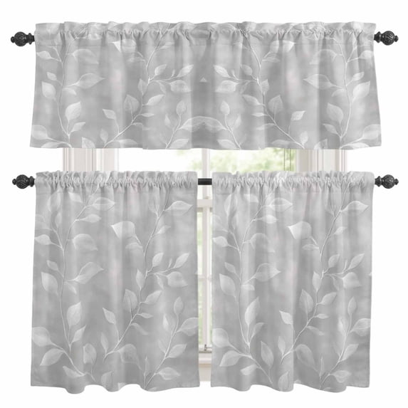 Silver Gray Leaf Kitchen Curtains Valances and Tiers Set of 3 Retro Plant Vintage Abstract Branch Silhouette Tier Curtains and Valance with Rod Pocket for Small Windows, 27.5"x24"