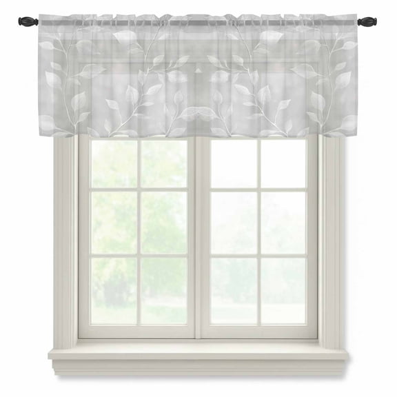 Silver Gray Leaf Semi Sheer Valance Curtains Retro Plant Vintage Abstract Branch Silhouette Voile Valances Curtain Rod Pocket Small Window Treatment for Kitchen Bathroom Cafe 54"x18"